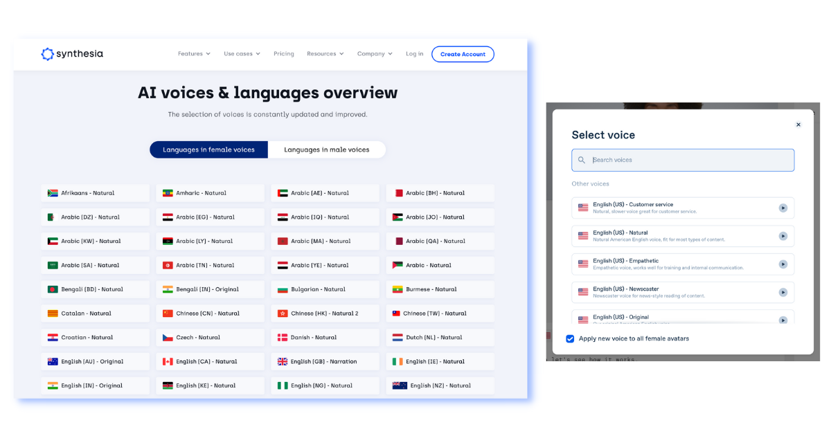 Aperçu des voix et des langues de Synthesia