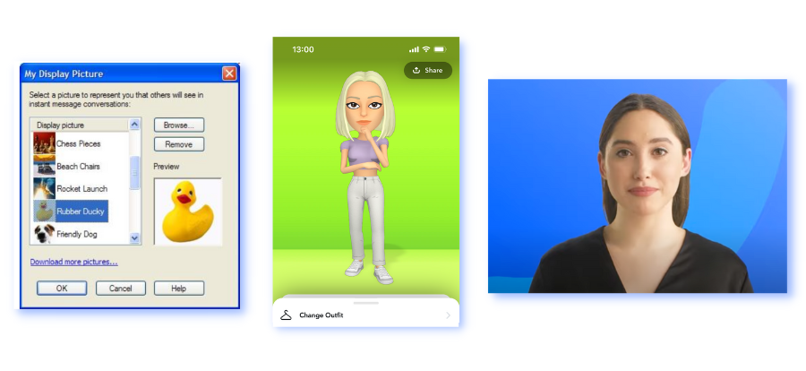 3 different styles of digital humans - simple illustration, 3D animation, AI avatars