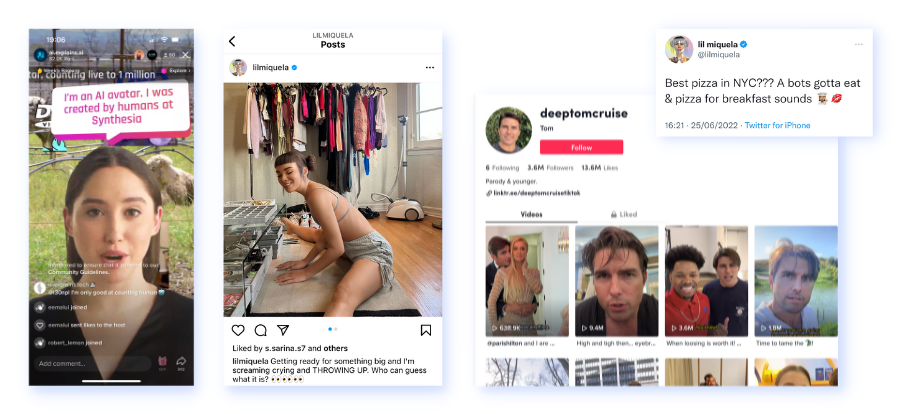 3 examples of synthetic media used in social media: ai.explains.ai on TikTok, lilmiquela on Instagram, and deeptomcruise on TikTok